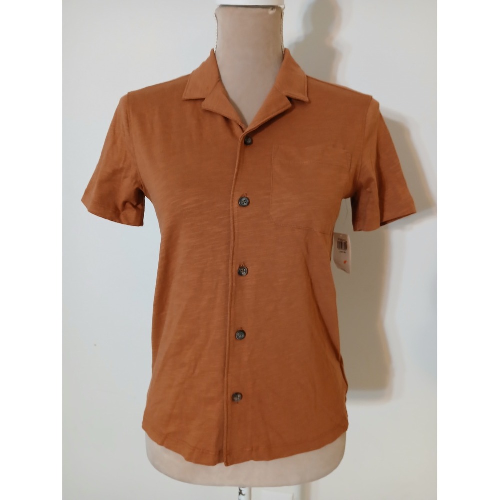 Old Navy Womens L 10-12 Rust Orange Cotton Slub Jersey Button Up Camp Shirt NEW